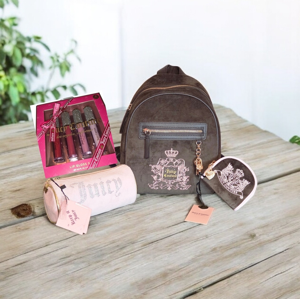 Juicy Couture 4 PC Bundle, Backpack, Wallet, Cosmetic Case & 4 Lip Gloss Set